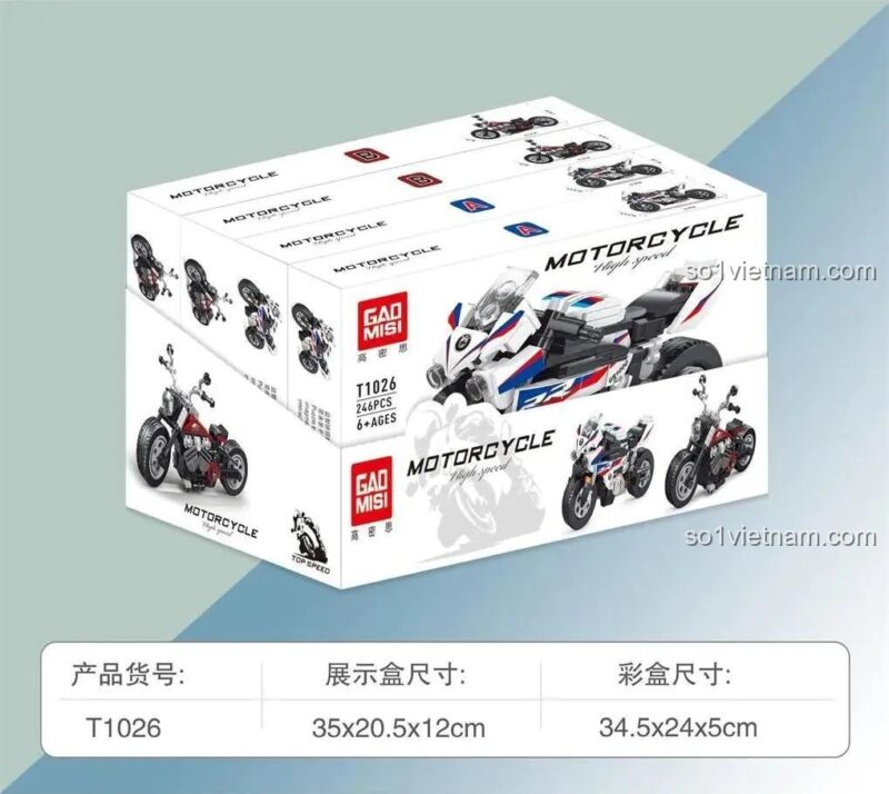 Bộ đồ chơi GAOMISI T1026-A xe mô tô BMW RR với nhiều hộp nhỏ, phù hợp làm quà tặng cho bé trai 6 tuổi