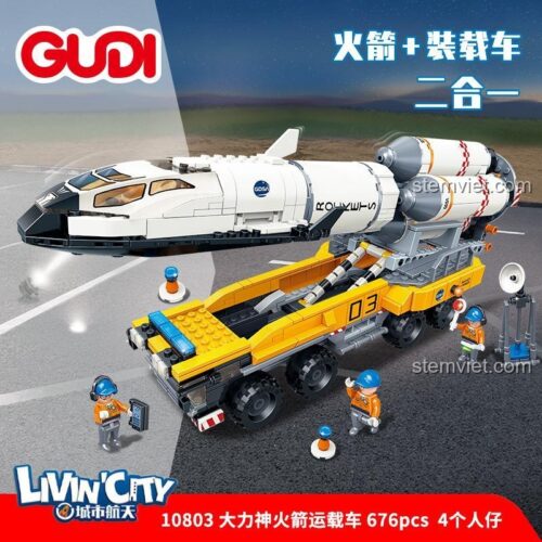 Ảnh hộp sản phẩm đồ chơi mô hình GUDI 10803, thể hiện hình ảnh xe tải chở tên lửa, 4 minifigures và logo Livin'City. Món quà giá rẻ cho bé trai.