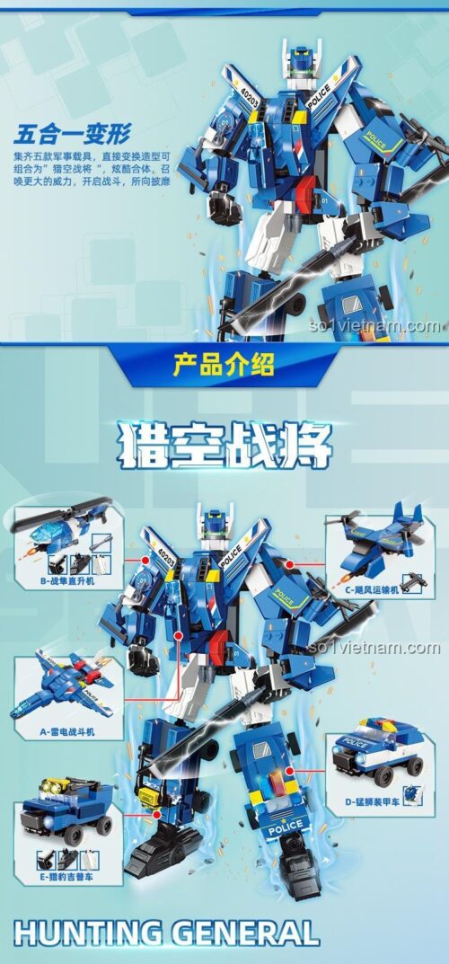 Đồ chơi lắp ráp GUDI 40203 Robot Biến Hình Liệp Không Chiến Tướng, giới thiệu khả năng hợp thể từ 5 phương tiện, kích thích sáng tạo cho bé trai.