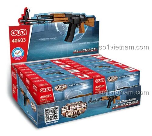 Hộp trưng bày của bộ lắp ghép GUDI 40603, chứa 8 hộp súng nhỏ bên trong để tạo thành súng AK-47 lớn.