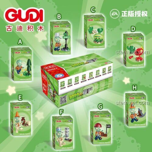 Hộp trưng bày bộ xếp hình 60023 GUDI, đồ chơi mô hình Zombie Plants vs. Zombies với 8 mẫu riêng biệt.