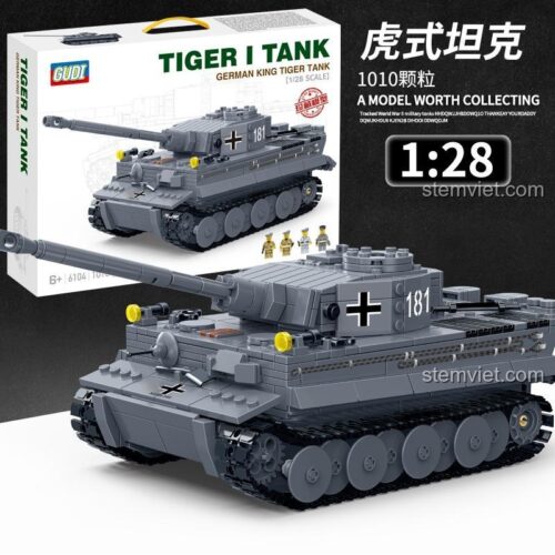 Hộp sản phẩm đồ chơi mô hình GUDI 6104, hiển thị hình ảnh Xe tăng Tiger I hùng dũng, số hiệu 1010 chi tiết và tỉ lệ 1:28, là món quà giá tốt cho bé.