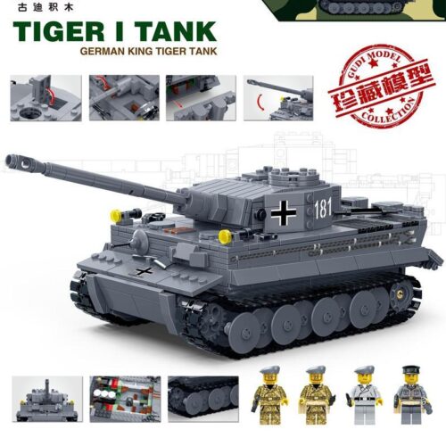 Toàn cảnh bộ lắp ráp Xe tăng Tiger I GUDI 6104 với 1010 mảnh ghép, mô hình màu xám chi tiết cùng 4 minifigures lính Đức, phù hợp cho bé trai 6 tuổi.