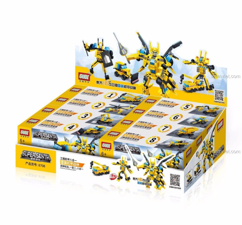 Hộp đồ chơi GUDI 8706 Robot Chiến Thần Sấm Sét 8 trong 1, bộ lắp ghép xe công trình và robot hợp thể, món quà đáng tiền cho bé trai.