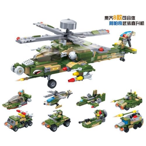 Bộ lắp ghép Trực thăng Vũ Trang Apache GUDI 8710 cho bé trai 6 tuổi, đồ chơi lắp ráp Robot biến hình giá tốt, mô hình quân sự đa năng.