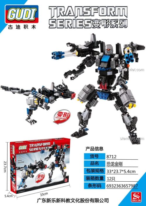 Hộp đồ chơi lắp ráp GUDI 8712 Robot Khủng Long Biến Hình 304 mảnh, bộ lắp ghép cho bé trai 6 tuổi, có kích thước rõ ràng