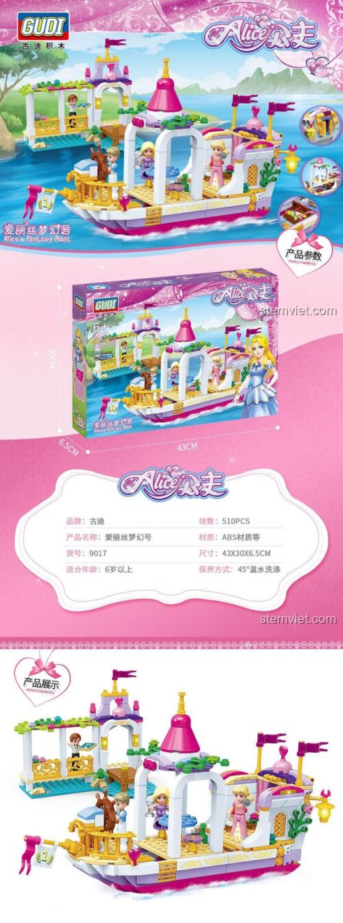 Thông số kỹ thuật bộ lắp ghép Thuyền công chúa Alice GUDI 9017, thể hiện kích thước hộp và số mảnh ghép, đồ chơi lắp ráp cho bé gái 6 tuổi.