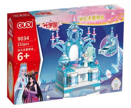 Hộp sản phẩm bộ lắp ghép GUDI 9034 Bàn trang điểm của Băng Công Chúa, đồ chơi cho bé gái 6 tuổi.