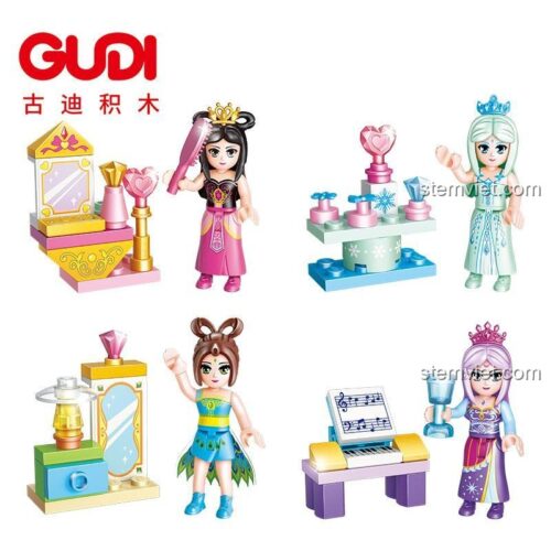 Đồ chơi mô hình GUDI 9053 với 4 tiên nữ Vương Mặc, Băng Công Chúa, Thời Gian Công Chúa, và Khổng Tước cùng các phụ kiện.