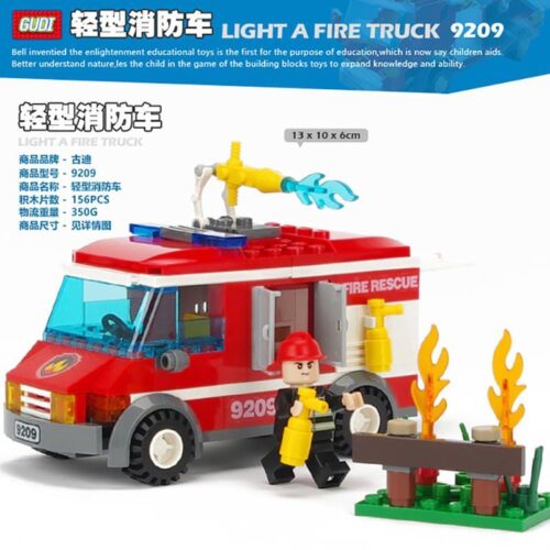 Bộ lắp ghép GUDI 9209 Xe Cứu Hỏa Hạng Nhẹ giá rẻ cho bé trai 6 tuổi, đồ chơi mô hình xe chữa cháy có lính cứu hỏa và vòi phun nước xoay được.
