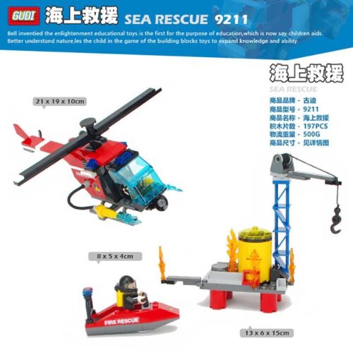 Bộ đồ chơi GUDI 9211 Đội Cứu Hỏa: Cứu Hộ Trên Biển, mô hình trực thăng và thuyền cứu hộ, phù hợp bé trai 6 tuổi, giá tốt.