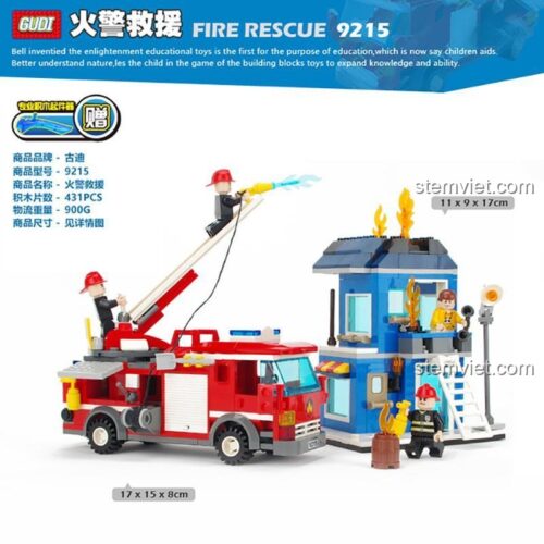 đồ chơi mô hình Trạm cứu hỏa GUDI, bộ xếp hình Lính cứu hỏa 9215, xe cứu hỏa có thang nâng, kích thước mô hình, đồ chơi cho bé trai 6 tuổi.