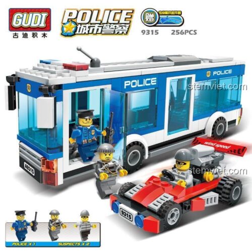 Hộp sản phẩm đồ chơi xếp hình GUDI 9315 xe buýt cảnh sát. Món quà sáng tạo cho con trai 6 tuổi, chất lượng cao.