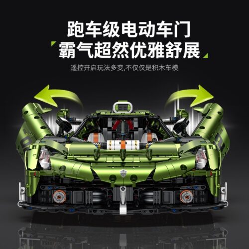 Mặt trước bộ lắp ráp Siêu xe Apollo EVO GULY 10614 màu xanh lá với cửa điện đang mở, đồ chơi cho con trai 8 tuổi.