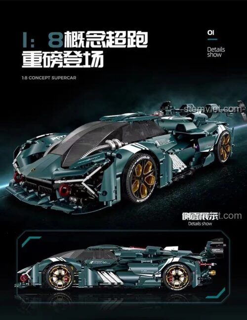 Góc nhìn 3/4 và cạnh bên của đồ chơi mô hình GULY 10614 Siêu xe Apollo EVO màu xanh lơ, tỉ lệ 1:8.