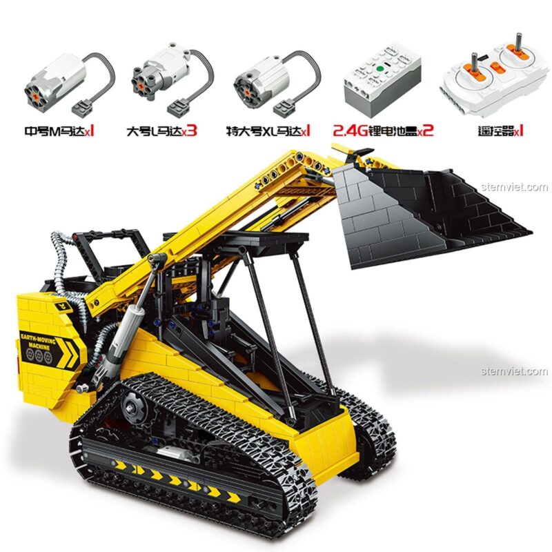 Mô hình xe xúc lật Technic YC22007 với một phụ kiện khác, cho thấy sự đa năng của bộ đồ chơi.