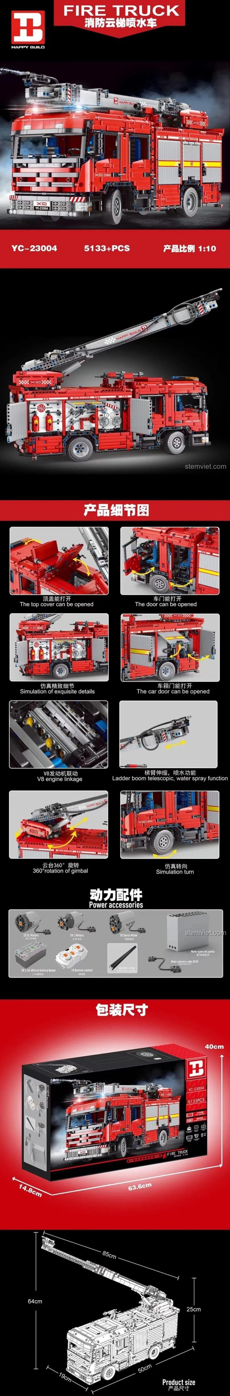 HAPPY BUILD YC-23004 Xe Cứu Hỏa Thang Nước Tỷ Lệ 1:10 - Chi tiết thang