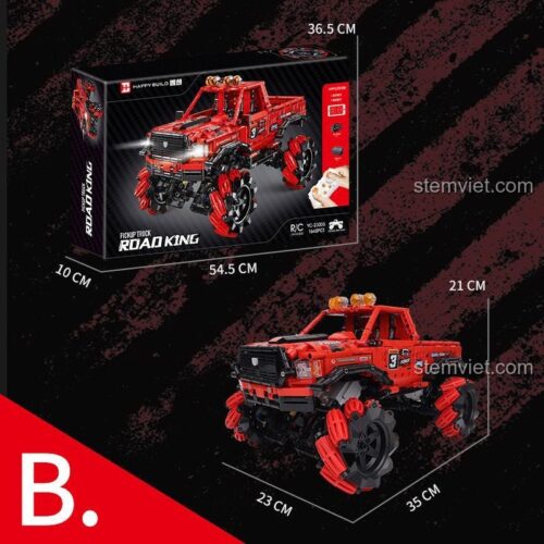Kích thước chi tiết của mô hình và hộp bộ lắp ghép Xe Bán Tải Vượt Địa Hình Happy Build YC23035, đồ chơi mô hình Xe Bán Tải Bánh Mecanum cho bé trai 8 tuổi.