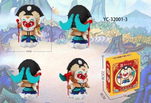 Kích thước chi tiết của bộ xếp hình Ông Địa YC-32017-3 và hộp sản phẩm, đồ chơi mô hình Happy Build chất lượng.