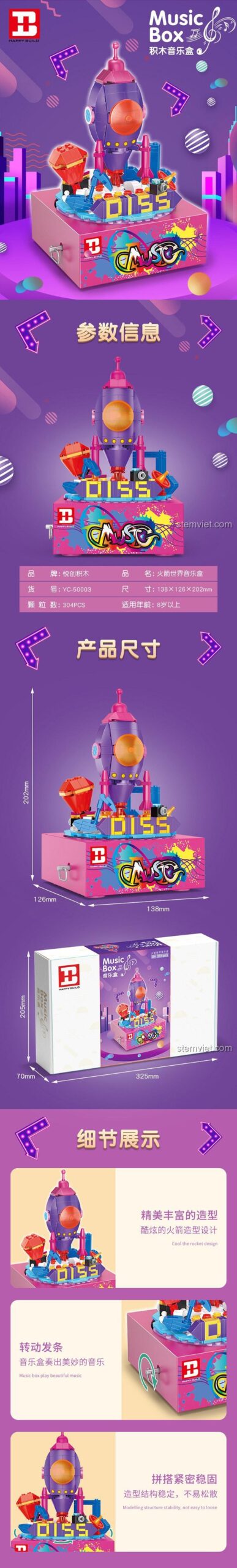 Thông số chi tiết của đồ chơi mô hình Happy Build YC-50003, bao gồm kích thước hộp, kích thước mô hình và số lượng 304 mảnh ghép.