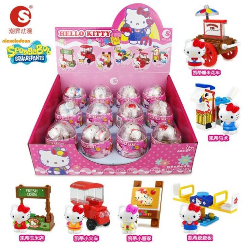 Hộp sản phẩm Hello Kitty KT-010331 với 6 mô hình Hello Kitty khác nhau: Hello Kitty xe bán bỏng ngô, Hello Kitty cưỡi ngựa, Hello Kitty bán ngô, Hello Kitty tàu hỏa, Hello Kitty họa sĩ, Hello Kitty bập bênh. Phù hợp cho bé gái 6 tuổi.