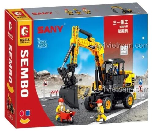 Hộp của đồ chơi mô hình Xe xúc bánh lốp SANY Sembo 712018, món quà giá tốt cho bé trai yêu thích xe công trình.