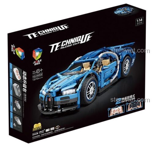 Hộp bộ lắp ghép Bugatti Chiron JIQILE 49002, có hình ảnh siêu xe màu xanh dương, thông tin sản phẩm 6+ tuổi, 1273 mảnh, tỉ lệ 1:14, điều khiển từ xa