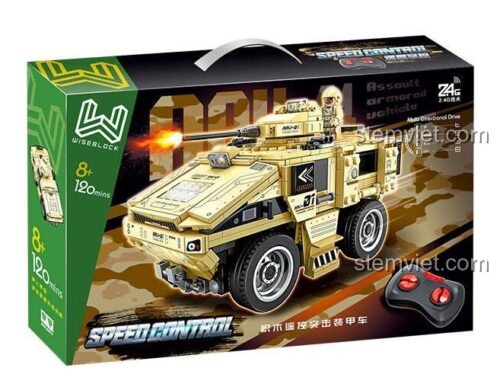 Hộp sản phẩm đồ chơi mô hình WISE BLOCK HA389148 Xe chiến đấu điều khiển từ xa, có ghi 442 chi tiết và tính năng điều khiển tốc độ.