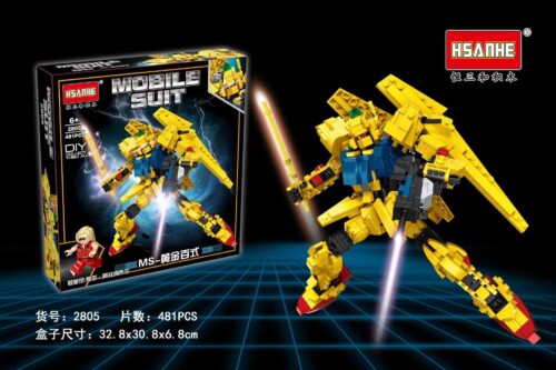 Bộ lắp ráp Mô hình Gundam Hoàng Kim Bách Thức HSANHE 2805 giá tốt cho bé trai 6 tuổi, hộp sản phẩm và mô hình robot chiến đấu Gundam vàng rực rỡ.