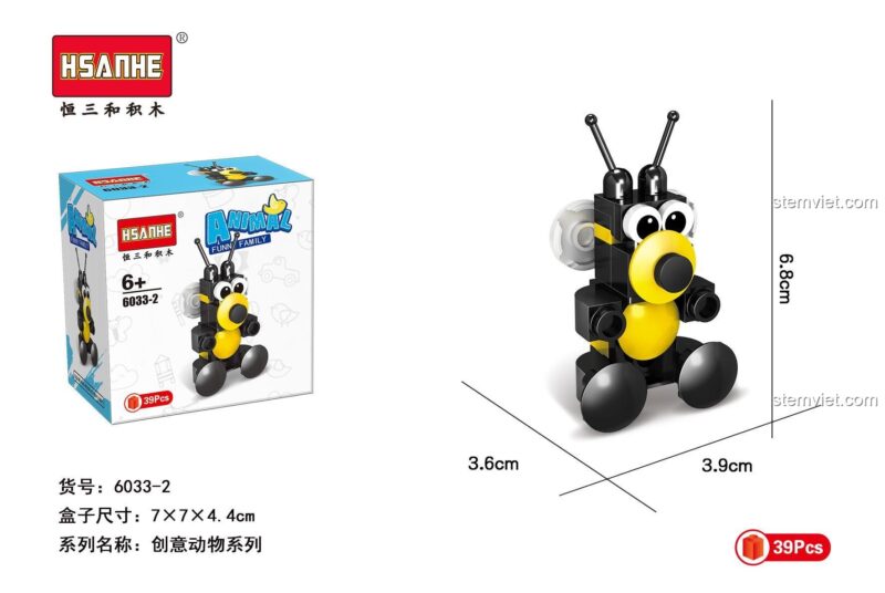 Kích thước mô hình ong HSANHE 6033-2 và hộp sản phẩm.