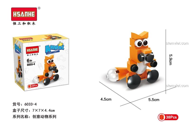 Kích thước mô hình cáo HSANHE 6033-4 và hộp sản phẩm.