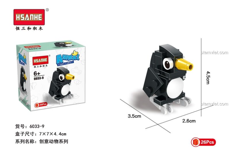 Kích thước mô hình chim cánh cụt HSANHE 6033-9 và hộp sản phẩm.