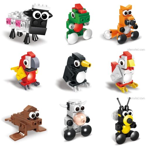 Các mô hình động vật lắp ráp HSANHE 6033, bao gồm cừu, rồng, cáo, vẹt, chim cánh cụt, gà trống, hải cẩu, bò sữa và ong.