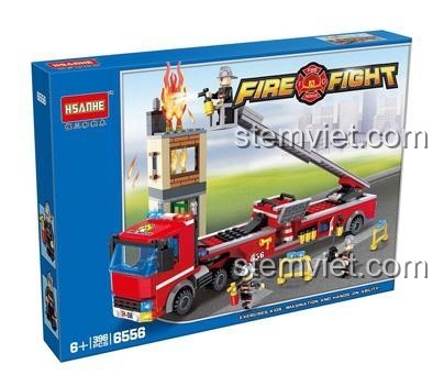 Mô hình xe cứu hỏa thang nâng HSANHE 6556 với kích thước chi tiết, đồ chơi lắp ráp cho bé trai 6 tuổi.