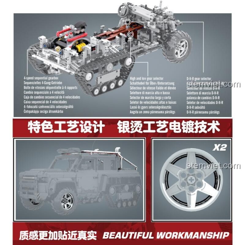 Bộ lắp ghép i'm V 42010 Xe Land Rover Defender Bán Xích Prinoth với hộp số tuần tự và bánh xe mạ điện, thể hiện sức mạnh vượt trội và độ chi tiết cao