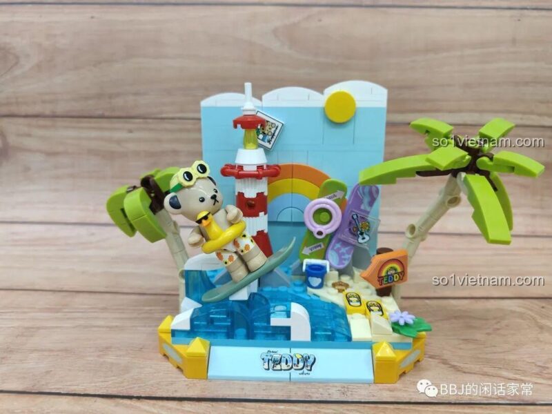 Bộ lắp ghép Gấu Teddy Lướt Sóng inbrixx 881007 hoàn thiện, cảnh biển hè vui nhộn, đồ chơi mô hình cho bé gái 6 tuổi.