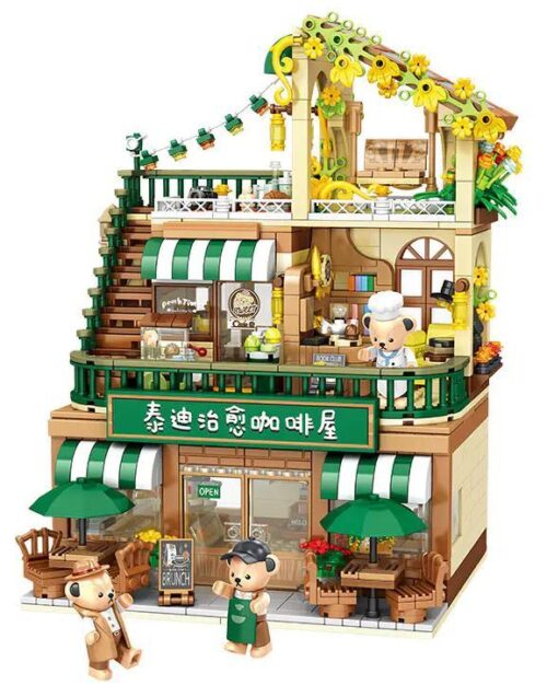 Mô hình quán cà phê gấu teddy inbrixx 881101, bộ lắp ghép 1381 mảnh, chi tiết in 3D, màu xanh lá, nâu, trắng, vàng, phù hợp cho bé gái 14 tuổi