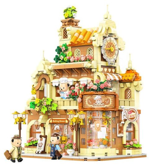 Ảnh chụp chính diện bộ lắp ghép Tiệm Bánh Gấu Teddy inbrixx 881103 với 3 nhân vật gấu bông dễ thương, phù hợp cho bé gái 6 tuổi.