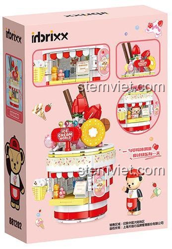 Mặt sau hộp bộ lắp ghép Tiệm kem dâu của gấu Teddy 881202, thể hiện các chi tiết và góc nhìn khác của mô hình.