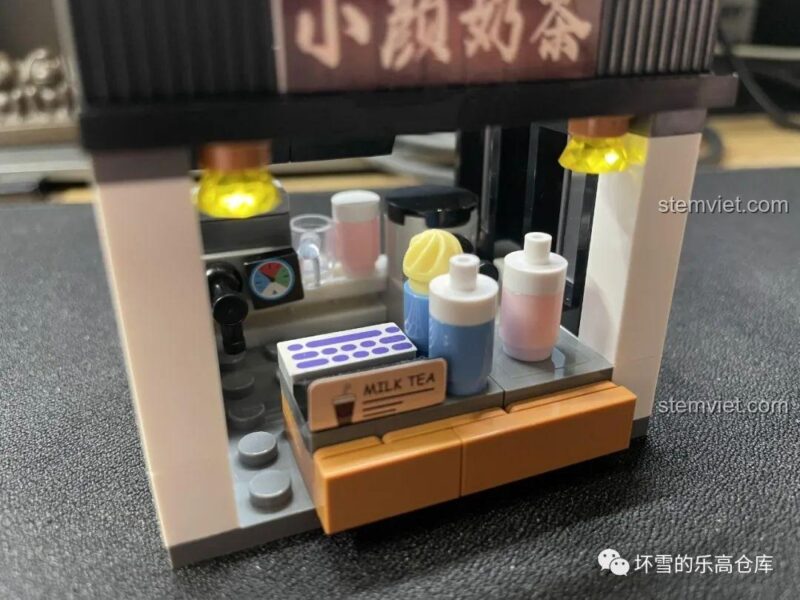 Nội thất tiệm trà sữa Tiểu Nhan JAKI JK2133 với quầy pha chế, đồ chơi mô hình Phố ẩm thực Trung Hoa, bộ lắp ghép Cửa hàng mini, đồ chơi xây dựng Khu phố ẩm thực, đồ chơi giá rẻ cho bé 8 tuổi