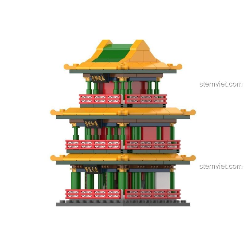 Đồ chơi mô hình Kiến trúc Cổ Trung Hoa JAKI JK2315, bộ xếp hình Lầu Hát Xướng Tử Cấm Thành với màu sắc vàng, đỏ, xanh lá nổi bật.