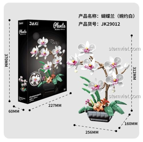 Kích thước hộp và mô hình Chậu hoa lan hồ điệp JAKI JK29012, bộ xếp hình hoa lan hồ điệp, đồ chơi lắp ghép 29012, quà tặng đáng yêu.