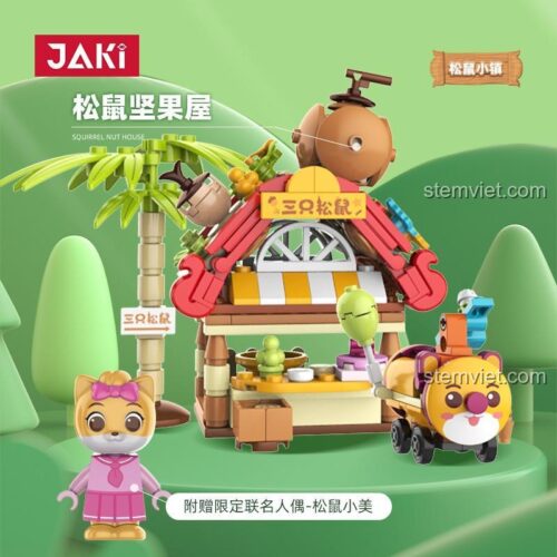 Hộp sản phẩm đồ chơi xếp hình Thị Trấn Ba Chú Sóc JAKI 6331, hiển thị mô hình Ngôi Nhà Hạt Dẻ và nhân vật Sóc Tiểu Mỹ.