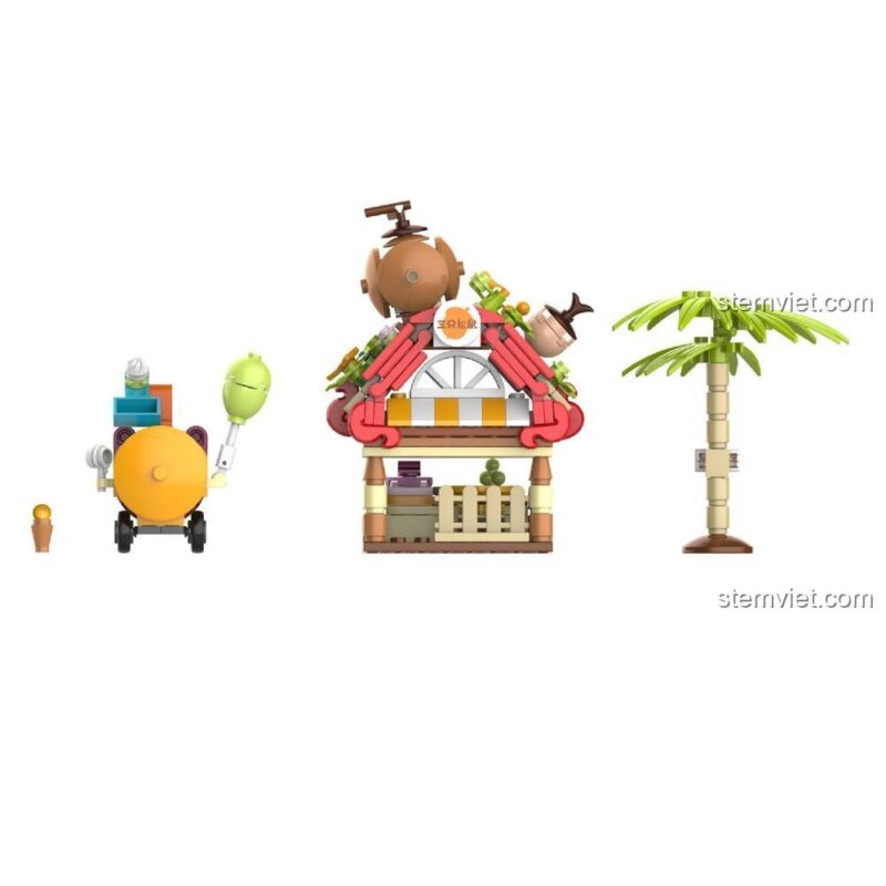 Mặt trước của bộ đồ chơi Ngôi nhà của sóc JAKI JK6331, bao gồm cửa hàng, cây dừa và xe đẩy.