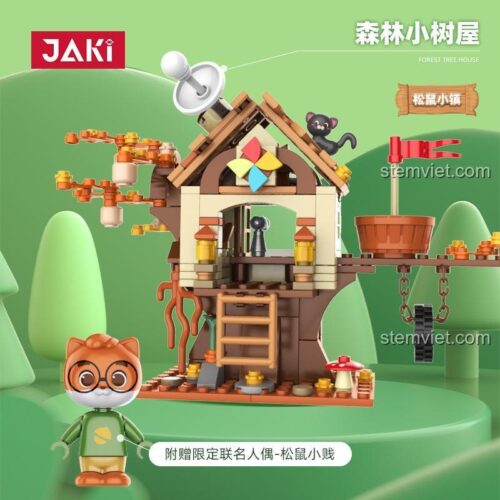 Ảnh hộp sản phẩm đồ chơi xếp hình Nhà Cây Của Sóc JAKI 6332, thể hiện rõ nhân vật sóc Tiểu Tiện đi kèm.