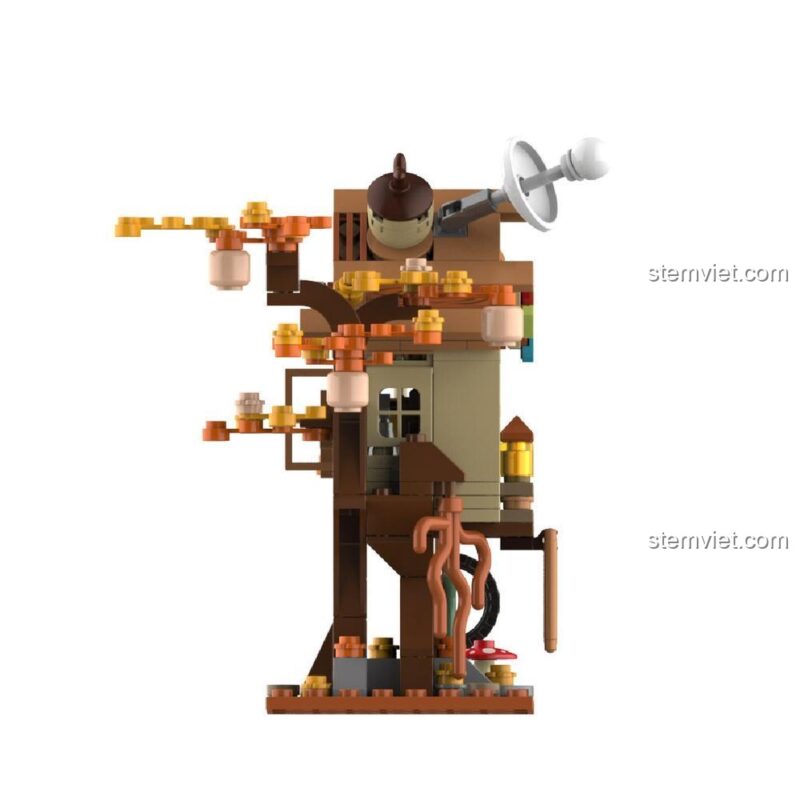 Góc nhìn bên của bộ lắp ghép JAKI 6332, với các chi tiết như đèn lồng và rễ cây.