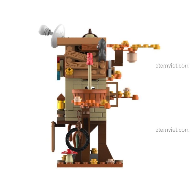 Một góc nhìn khác của Nhà Cây Của Sóc JK 6332, tập trung vào chiếc xích đu lốp xe độc đáo.