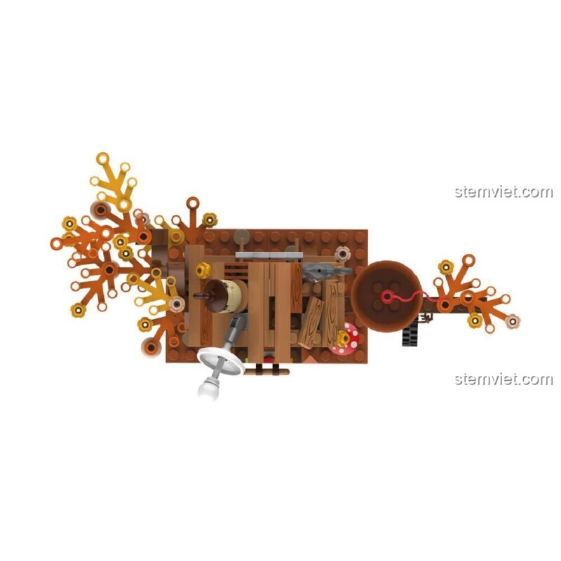 Góc nhìn từ trên xuống của bộ đồ chơi Thị Trấn Sóc, làm nổi bật phần mái nhà và các tán lá cam.