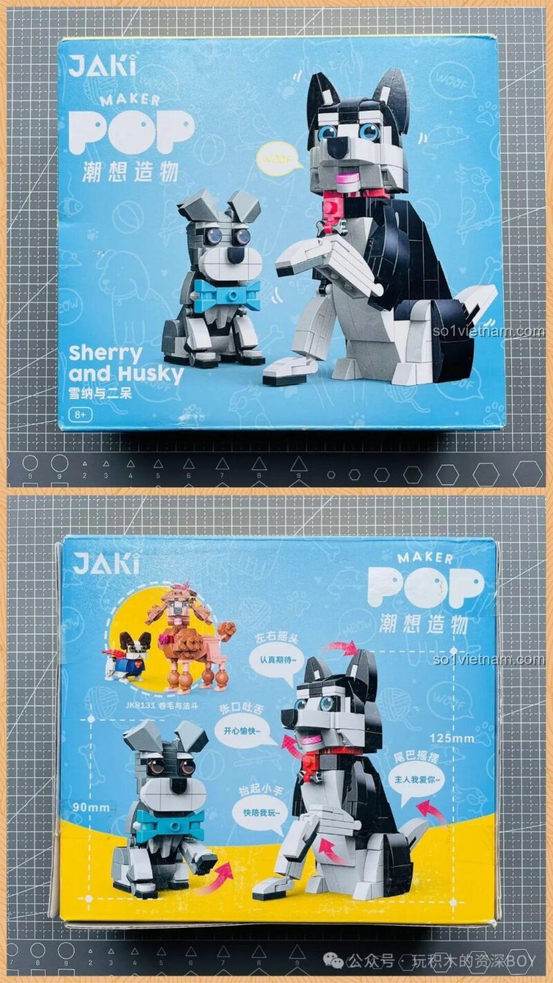Ảnh review hộp sản phẩm JAKI JK8130 và kích thước, đồ chơi lắp ráp Chó Husky JAKI, món quà tiết kiệm cho bé trai và bé gái 8 tuổi.