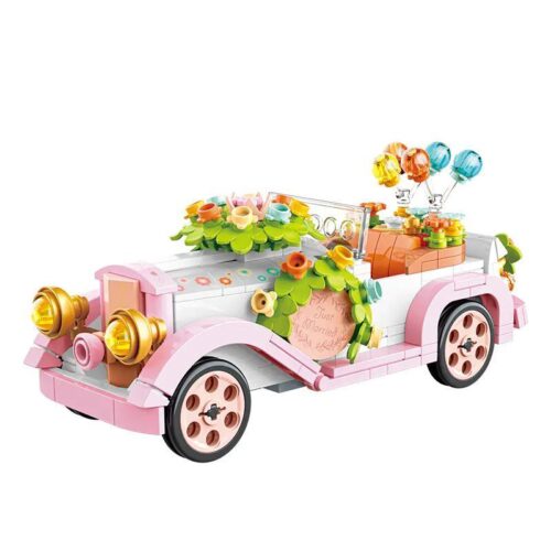Xe Cưới Cổ Điển JAKI JK8315 màu hồng và trắng, trang trí hoa và bóng bay, có minifigure chú rể và cô dâu, đồ chơi lắp ghép cho bé gái 8 tuổi